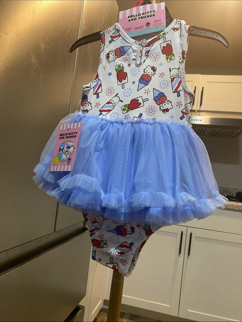Hello Kitty Light Blue Tulle Bib Dress with Printed Bodice and Bow 18 months NWT